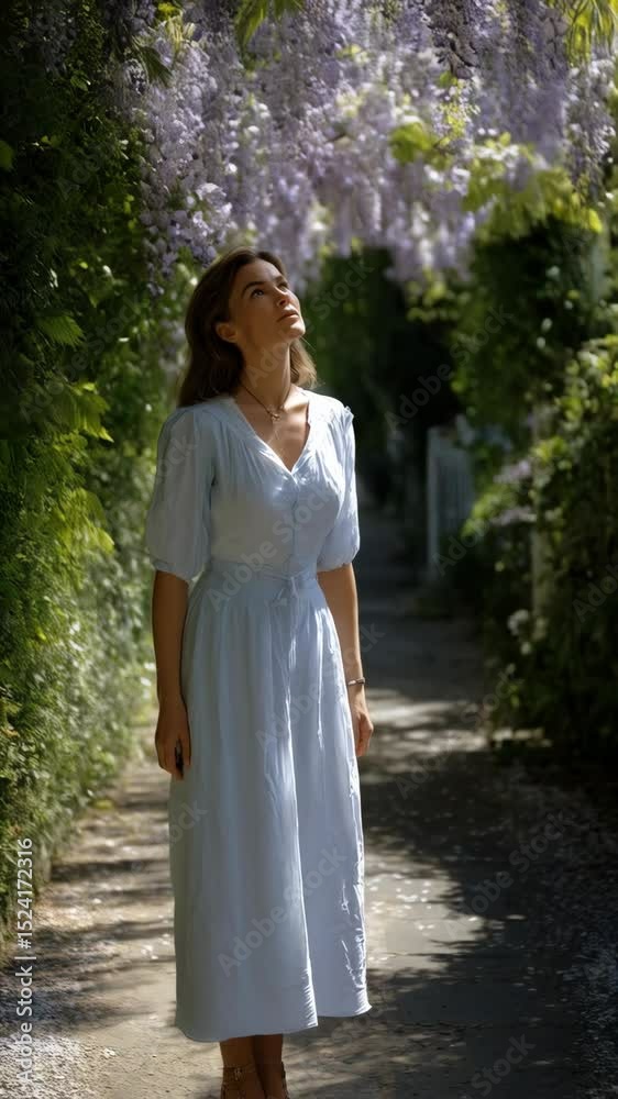 Young woman in a light blue dress gazing up at blooming wisteria on a path, sunny day, peaceful nature scene, relaxing walk in a garden. Young woman in a light blue dress gazing up at blooming wisteria on a path, sunny day, peaceful nature scene, relaxing walk in a garden.