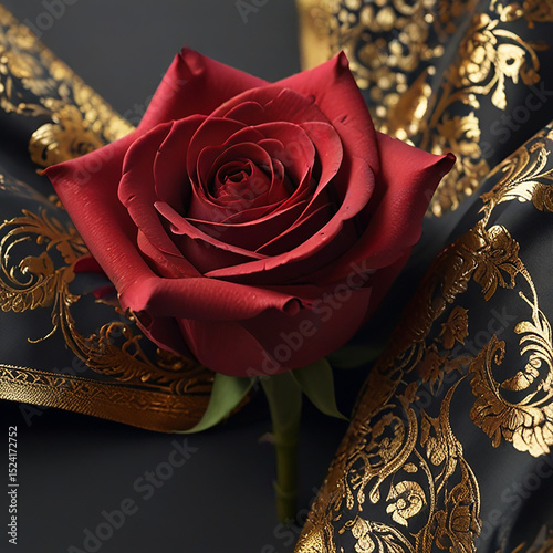 Red Rose on Luxurious Black and Gold Fabric