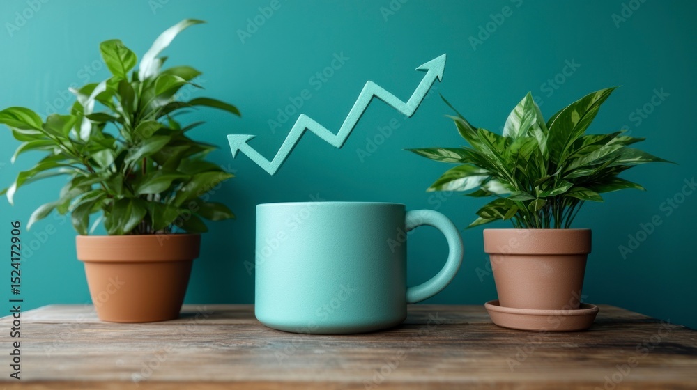 Fototapeta premium Plants, mug and a rising arrow on a wood surface