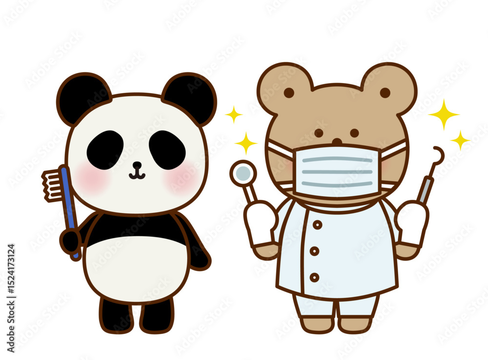 Naklejka premium 歯ブラシを持つパンダと歯医者のくまのかわいいイラスト