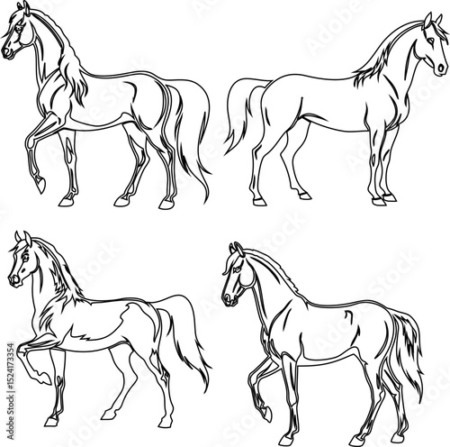 line art icon set, standing  and walking style horses