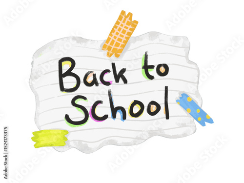 Cute hand drawn back to school text word in piece of white gray paper with stickers colorful tape sticky notes doodle crayon kids watercolor illustratin design vector clipart