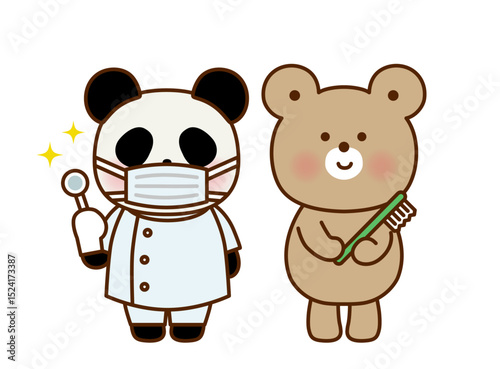 歯ブラシを持つくまと歯医者のパンダのかわいいイラスト