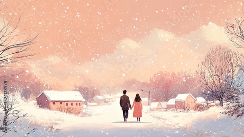 A couple holding hands, walking in the snow on their way home for New Year's Eve dinner, with a pink sky and white clouds in a cartoon style
