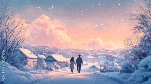 A couple holding hands, walking in the snow on their way home for New Year's Eve dinner, with a pink sky and white clouds in a cartoon style