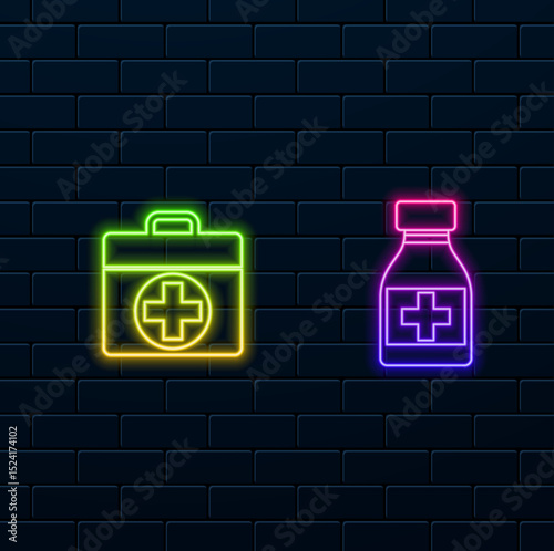 Outline briefcase with cross medical symbol. neon style. first aid kit.vector medicine bottle. flat illustration of medicine bottle. neon style. the concept of health, care