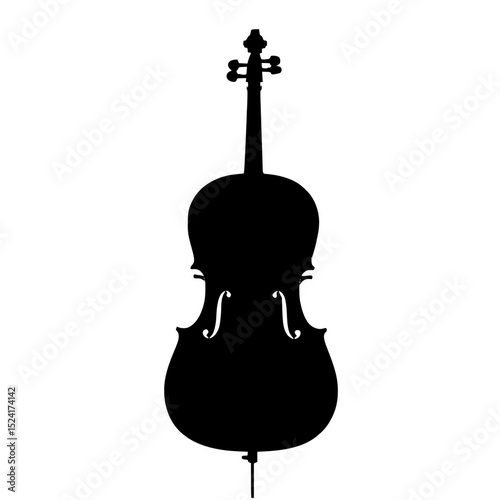 Render the cello silhouette in a stained glass style with dark lead lines and panels of deep purple and black on a bright white background.