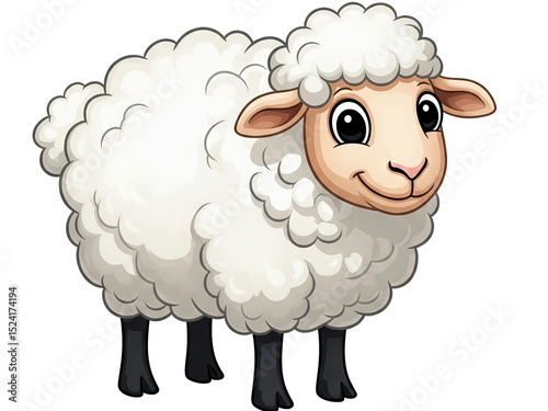 Happy cartoon sheep with fluffy white wool and black legs, big shiny eyes and friendly expression – isolated on a transparent background