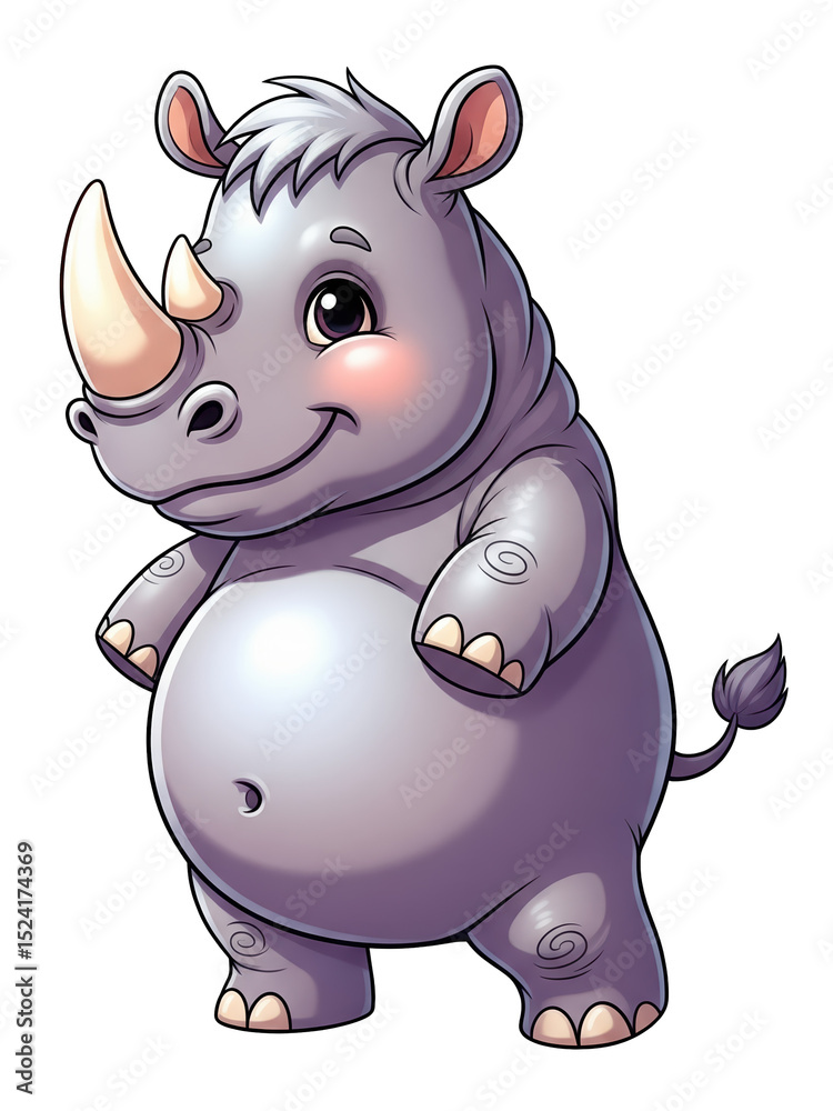 Fototapeta premium Friendly cartoon rhino with a small horn, big belly, and soft, smiling eyes – isolated on a transparent background