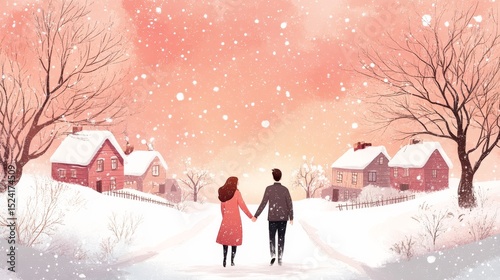 A couple holding hands, walking in the snow on their way home for New Year's Eve dinner, with a pink sky and white clouds in a cartoon style