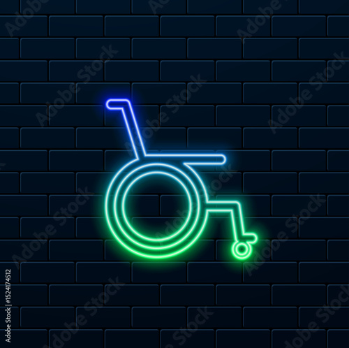 Wheelchair icon representing accessibility and mobility, neon, ideal for healthcare facilities, disability services, and inclusive design.wheelchair flat icon design. neon style.