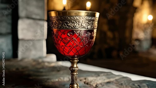 Golden chalice filled with red liquid on stone table in moody, dark, medieval setting with arched doorways