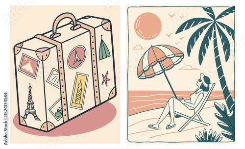 Set of two vector illustrations with a travel suitcase and a beach scene with a woman in a deck chair with an umbrella by the sea for poster, placard or print