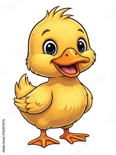 Cartoon duckling with yellow fluffy feathers and orange beak, standing upright and smiling – isolated on a transparent background