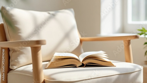 Cozy Reading Nook Open Book Resting on a Comfortable Armchair by a Sunny Window