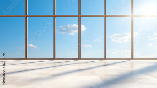 A spacious interior with large windows showcasing a bright blue sky, inviting natural light and a sense of openness and tranquility.
