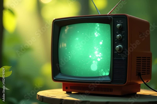 old television sitting top wooden table woods surrounded lush green leaves background slightly