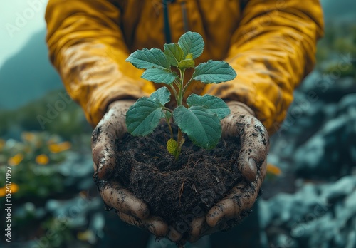 Hands holding a small green plant. Ecology and environmental care concept.