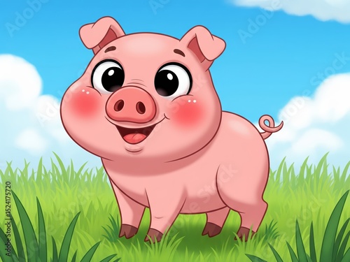 
Чат с Gemini
Cute cartoon pig standing on green grass under a blue sky with clouds, smiling with big eyes, pink cheeks, and a curly tail, bright and happy farm scene