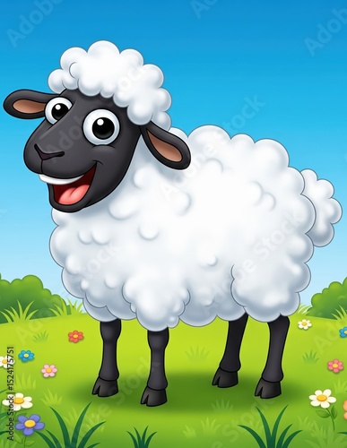 Happy cartoon sheep with fluffy white wool and black legs, smiling with big shiny eyes, standing in a green meadow with flowers and a bright blue sky