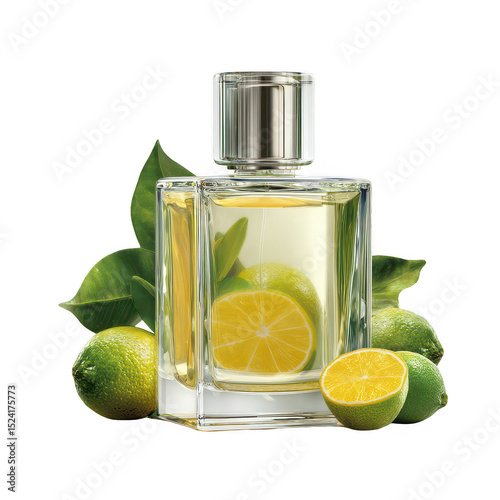 Fresh Citrus Essence in Elegant Glass Bottle with Lime and Lemon Surrounding Symbolizing Fragrance and Natural Ingredients for Beauty and Wellness