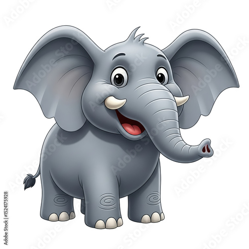 Cartoon elephant with big ears, short legs, and a happy smile, in a friendly pose – isolated on a transparent background