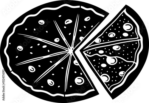 slice of pizza. Silhouette of a whole pizza with one slice missing, top view, black on white.