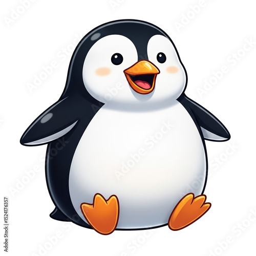 Chubby cartoon penguin with tiny wings, orange beak and feet, and a happy face – isolated on a transparent background