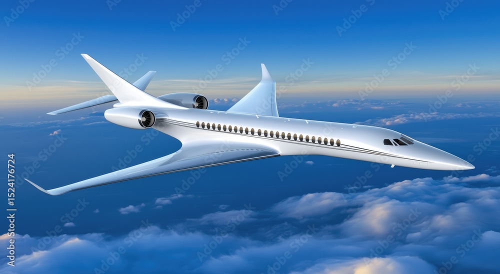 Fototapeta premium Sleek, silver jet soars above clouds