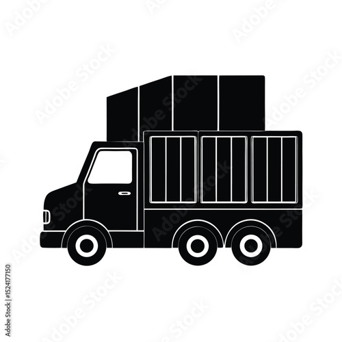 Black and white illustration of a delivery truck ready to transport goods on white background