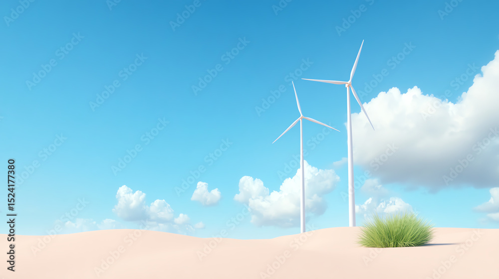 Fototapeta premium Wind turbines stand tall against a clear blue sky, symbolizing sustainable energy and harmony with nature in a serene landscape.