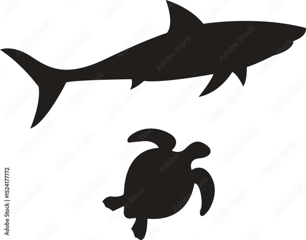 Obraz premium Ocean Wildlife Silhouettes Shark and Sea Turtle Vector Art