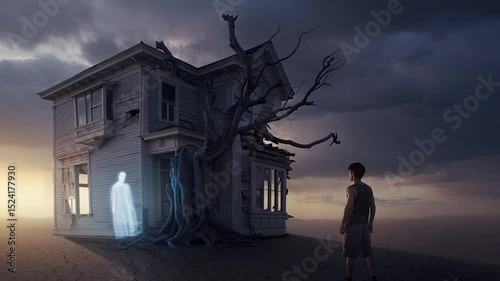Home Return of a young man standing in front of a ravaged house, looking far away for someone. A desolate house with a dry land and tree and a ghost at threshold