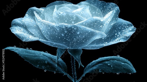 Single Rose Blossom with Water Droplets on Black Background