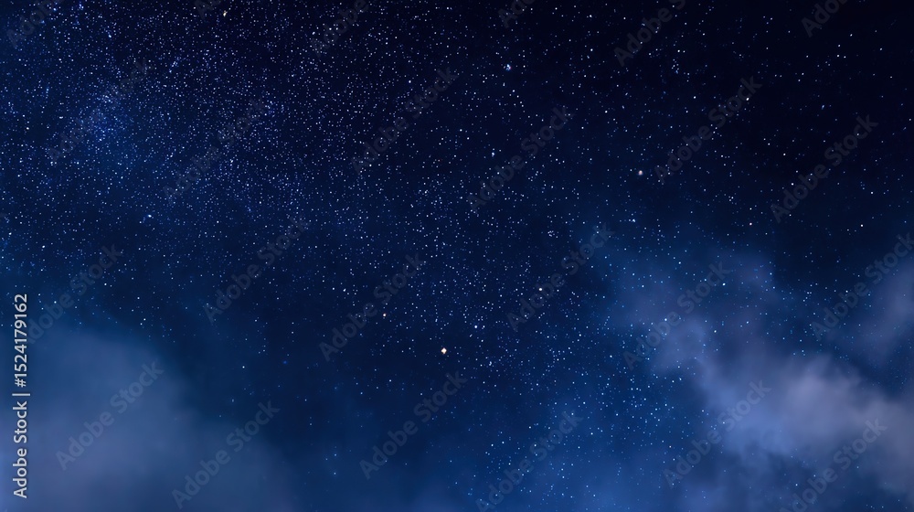 Fototapeta premium Serene Night Sky with Stars and Blue Cloudy Background – Ethereal Cosmic Glow, Deep Azure Hues, Gentle Cloud Veils, Starry Nightscape Aesthetics