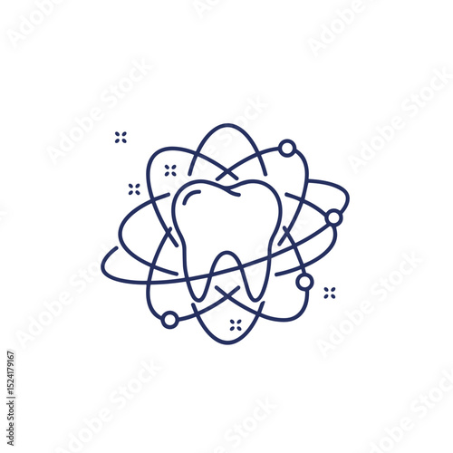 Dental symbol with tooth and atom design in modern outline style  