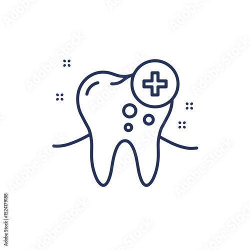 Tooth with medical cross symbol and bubbles in simple line style  
