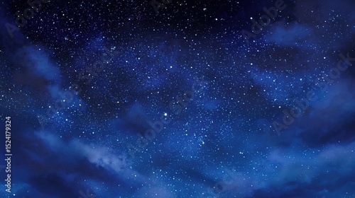 Serene Night Sky with Stars and Blue Cloudy Background – Ethereal Cosmic Glow, Deep Azure Hues, Gentle Cloud Veils, Starry Nightscape Aesthetics