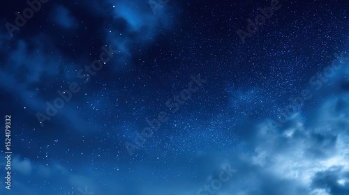 Serene Night Sky with Stars and Blue Cloudy Background – Ethereal Cosmic Glow, Deep Azure Hues, Gentle Cloud Veils, Starry Nightscape Aesthetics
