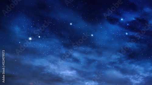 Serene Night Sky with Stars and Blue Cloudy Background – Ethereal Cosmic Glow, Deep Azure Hues, Gentle Cloud Veils, Starry Nightscape Aesthetics
