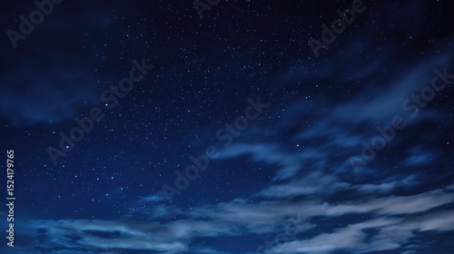 Serene Night Sky with Stars and Blue Cloudy Background – Ethereal Cosmic Glow, Deep Azure Hues, Gentle Cloud Veils, Starry Nightscape Aesthetics