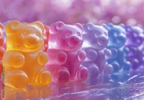 Multicolored gummy bears on blurred background.