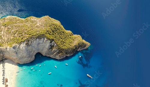 A barefoot wanderer strolls along a sunburnt stone path, passing olive trees and shadows, clutching a vintage postcard while Zakynthos' cerulean hues surround them
