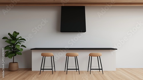 Modern kitchen interior with wood flooring, a plant, counter with chairs and a black range hood creating a clean, minimal aesthetic. photo