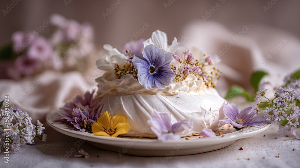 Elegant pavlova with garden blooms, minimal backdrop and soft filtered lighting Elegant pavlova with garden blooms, minimal backdrop and soft filtered lighting