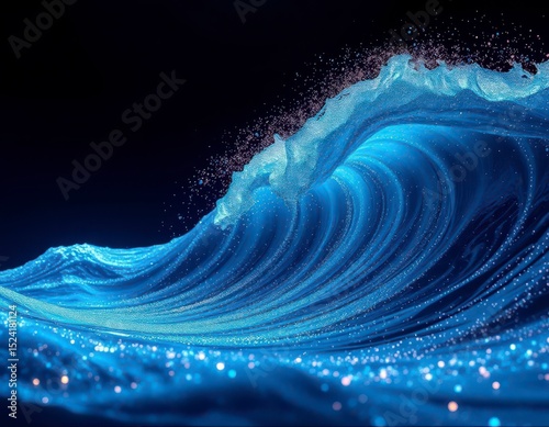 Fototapeta Naklejka Na Ścianę i Meble -  Ocean wave rendering, abstract blue water surge with sparkling particles, dynamic digital art depicting a powerful wave breaking