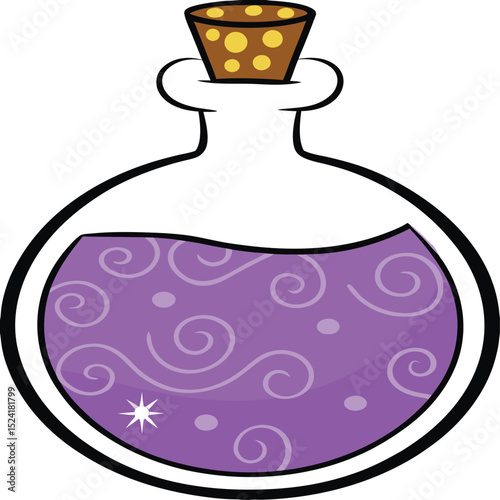 Cartoon Potion Bottle with Purple Liquid and Cork Stopper Illustration