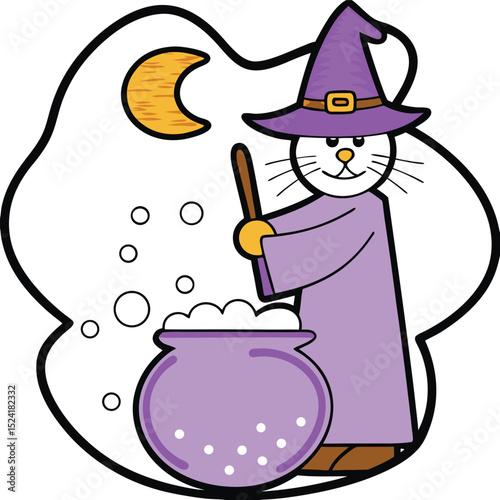 Cartoon Cat Witch Stirring a Cauldron Under the Moon