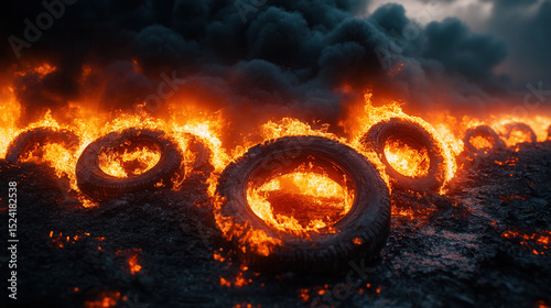tire fire with blazing flames and dense black smoke, environmental hazard 