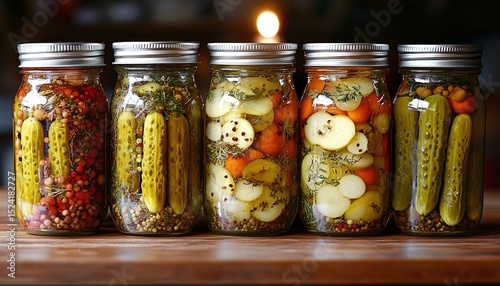 Five Glass Jars of Pickled Vegetables on Wooden Surface